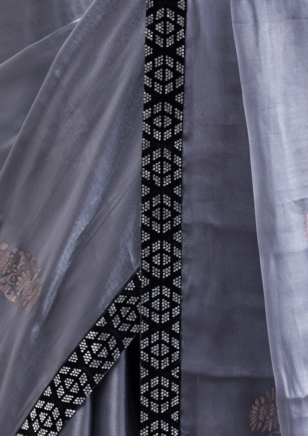 Grey Chiffon Silver Stonework Saree With Matching Blouse Piece