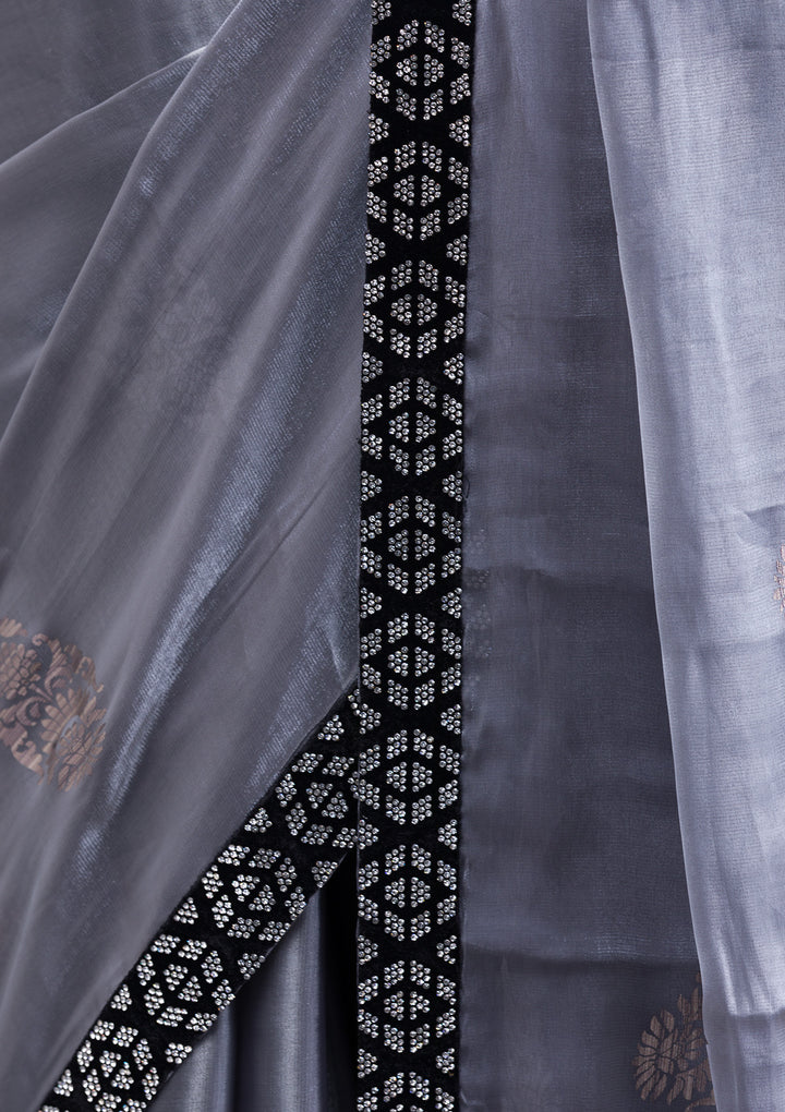 Grey Chiffon Silver Stonework Saree With Matching Blouse Piece