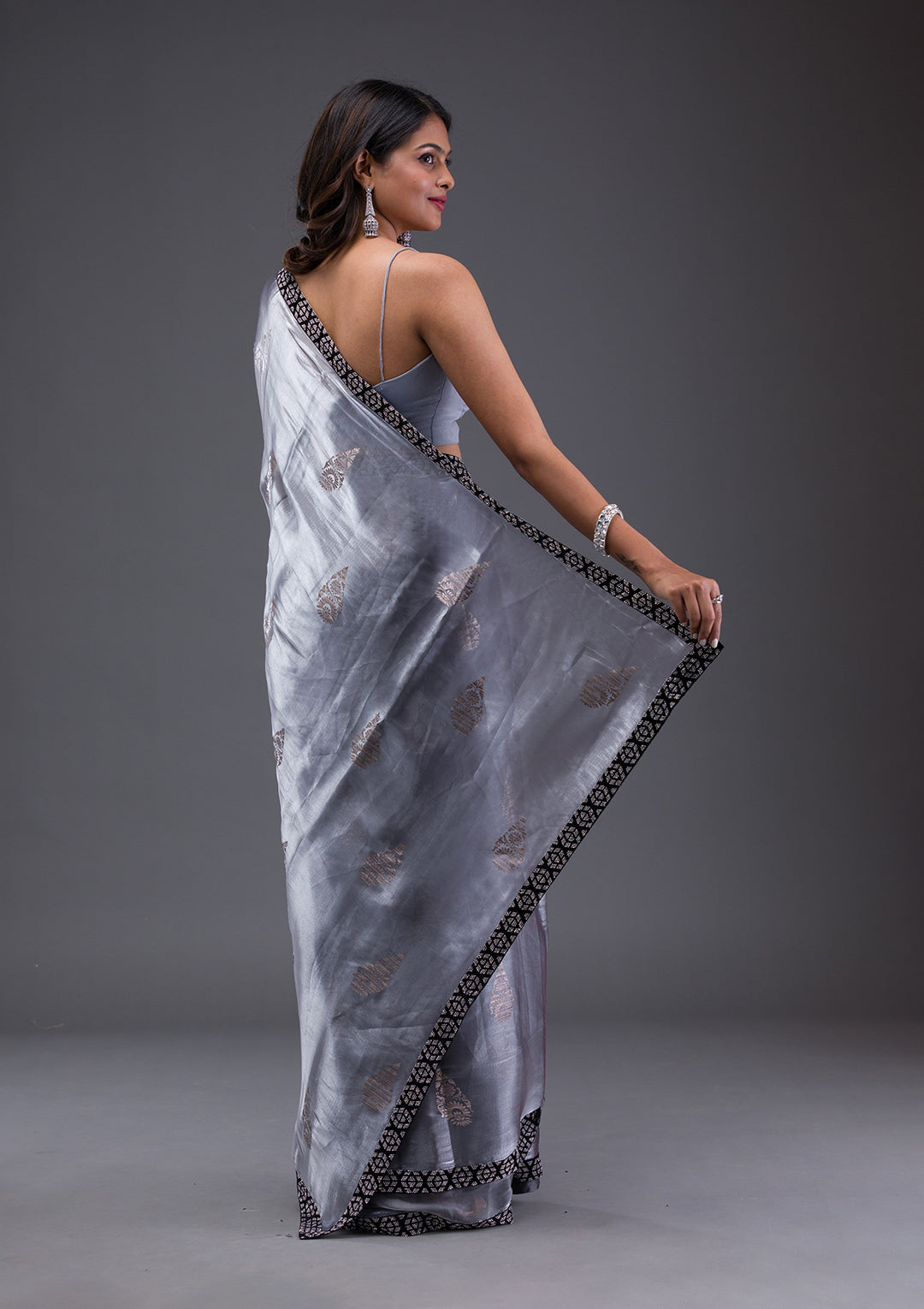 Grey Chiffon Silver Stonework Saree With Matching Blouse Piece