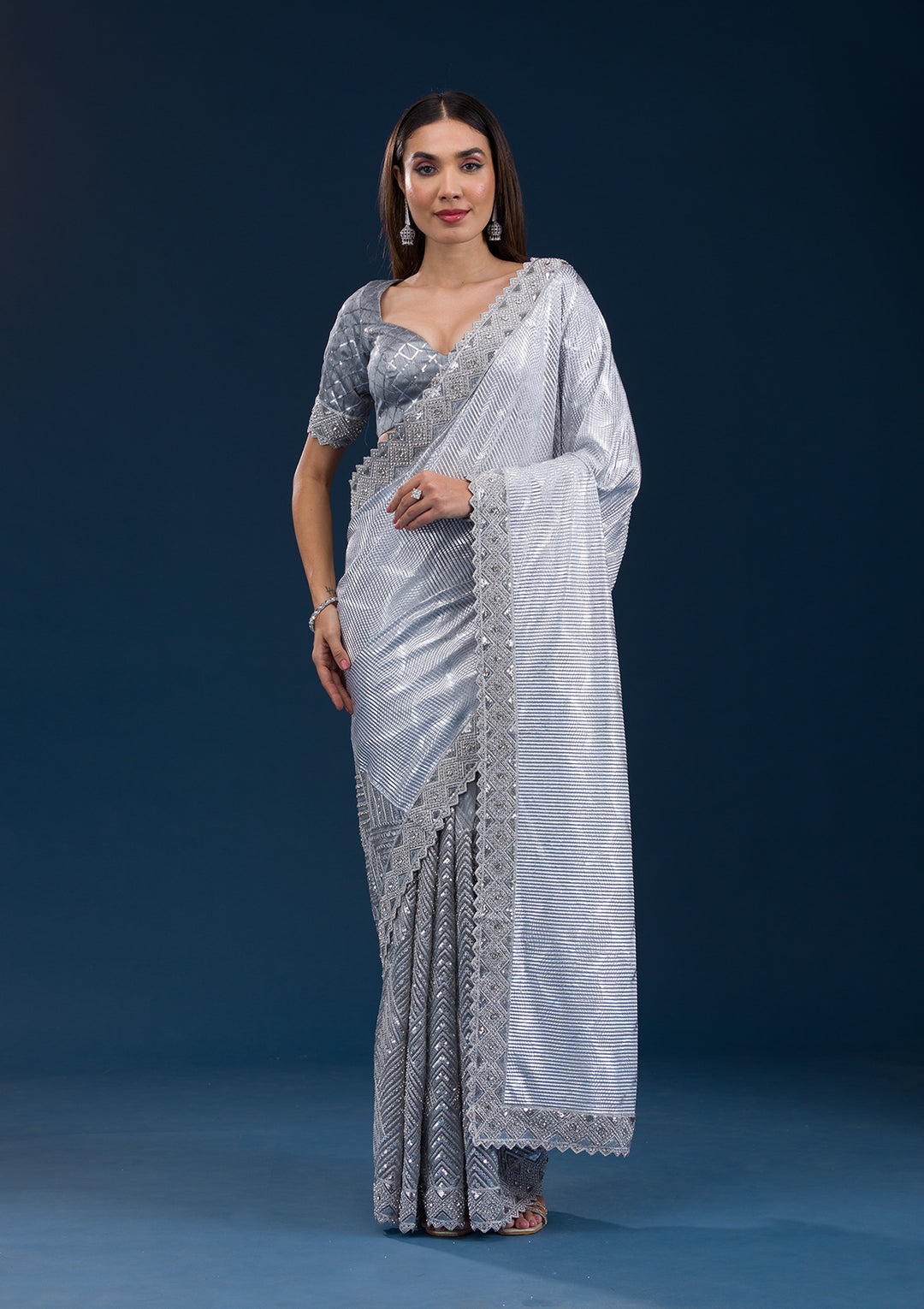Light Grey Net Sequins Saree With Matching Blouse Piece