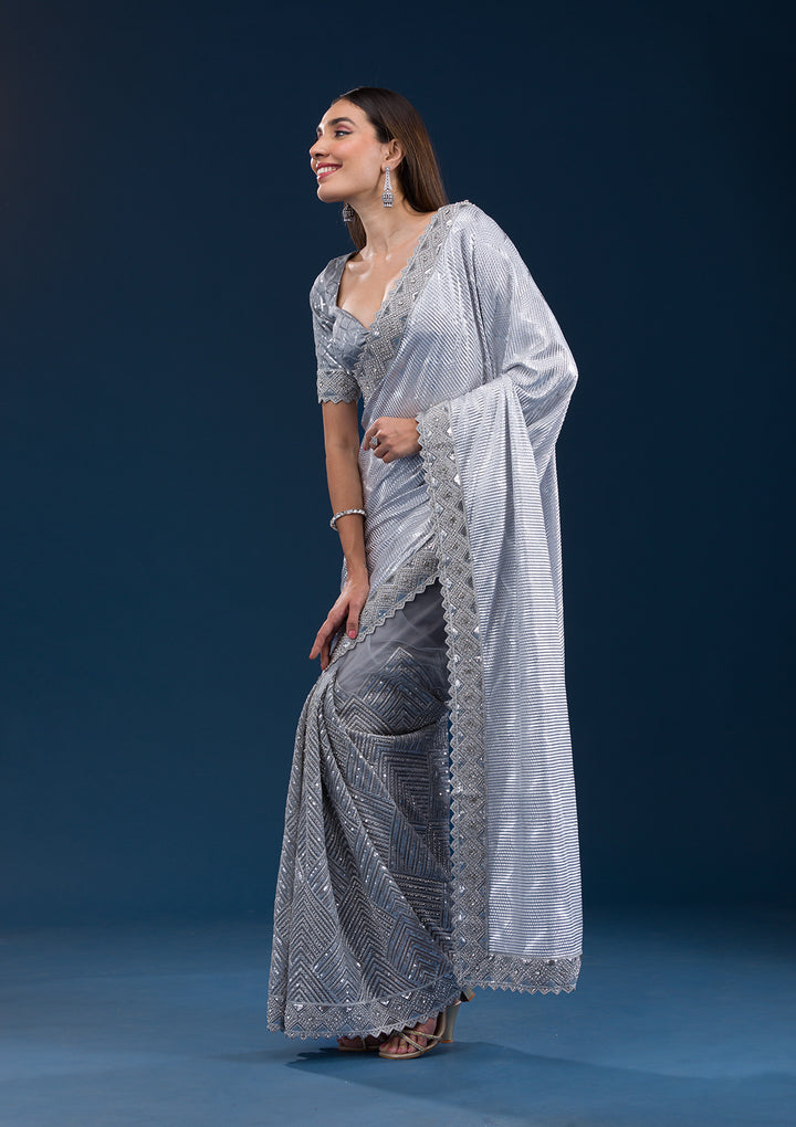 Light Grey Net Sequins Saree With Matching Blouse Piece