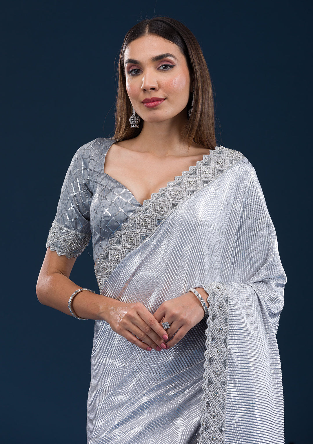 Light Grey Net Sequins Saree With Matching Blouse Piece