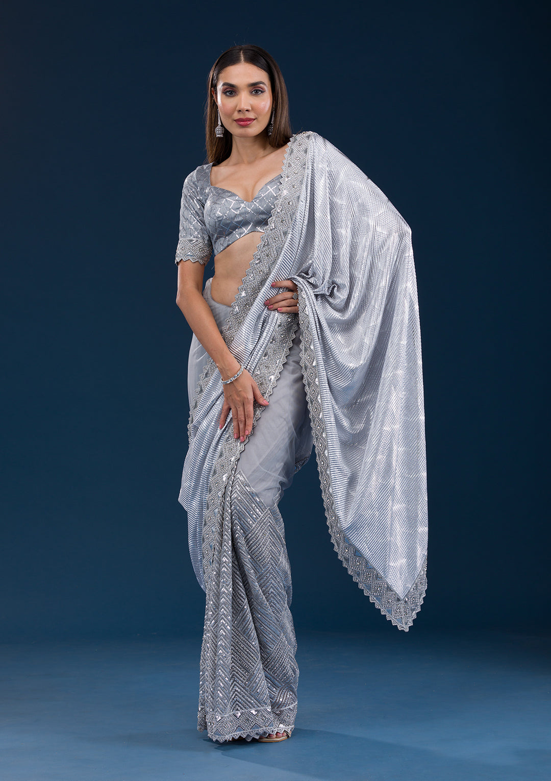 Light Grey Net Sequins Saree With Matching Blouse Piece