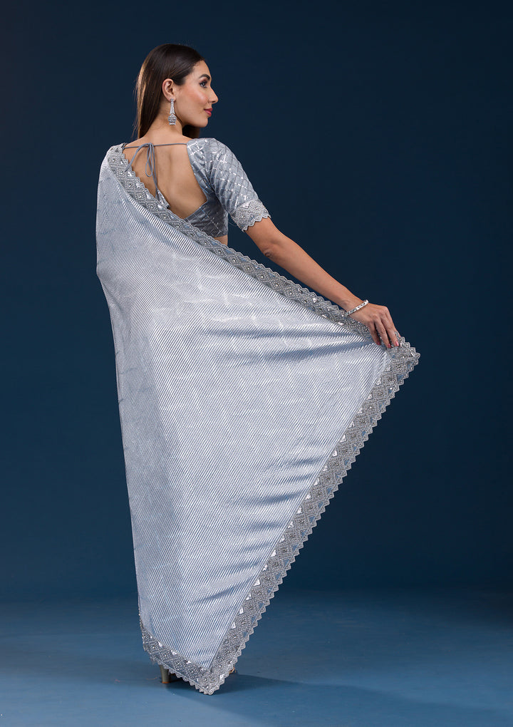Light Grey Net Sequins Saree With Matching Blouse Piece