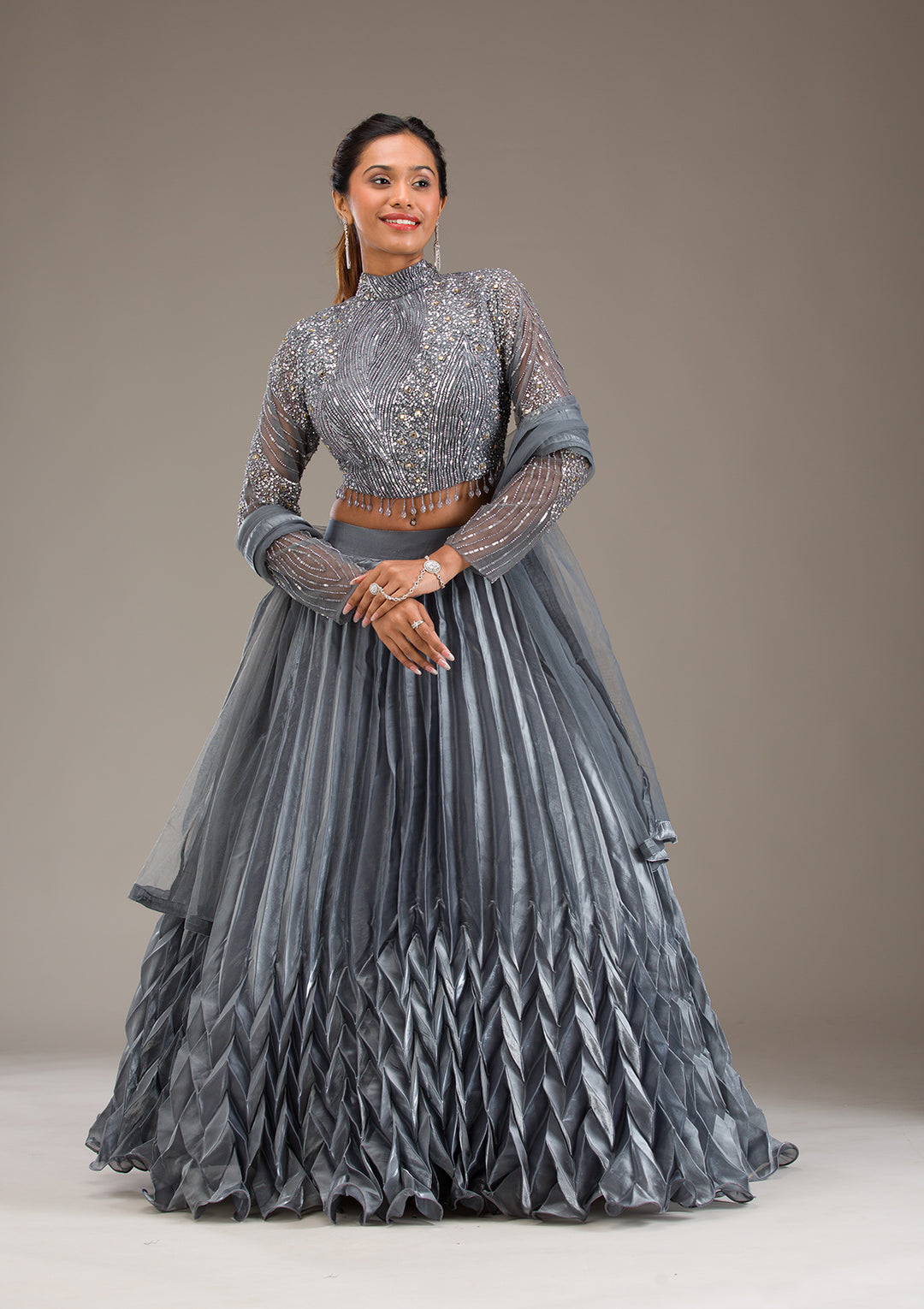 Grey Stonework Tissue Readymade Lehenga