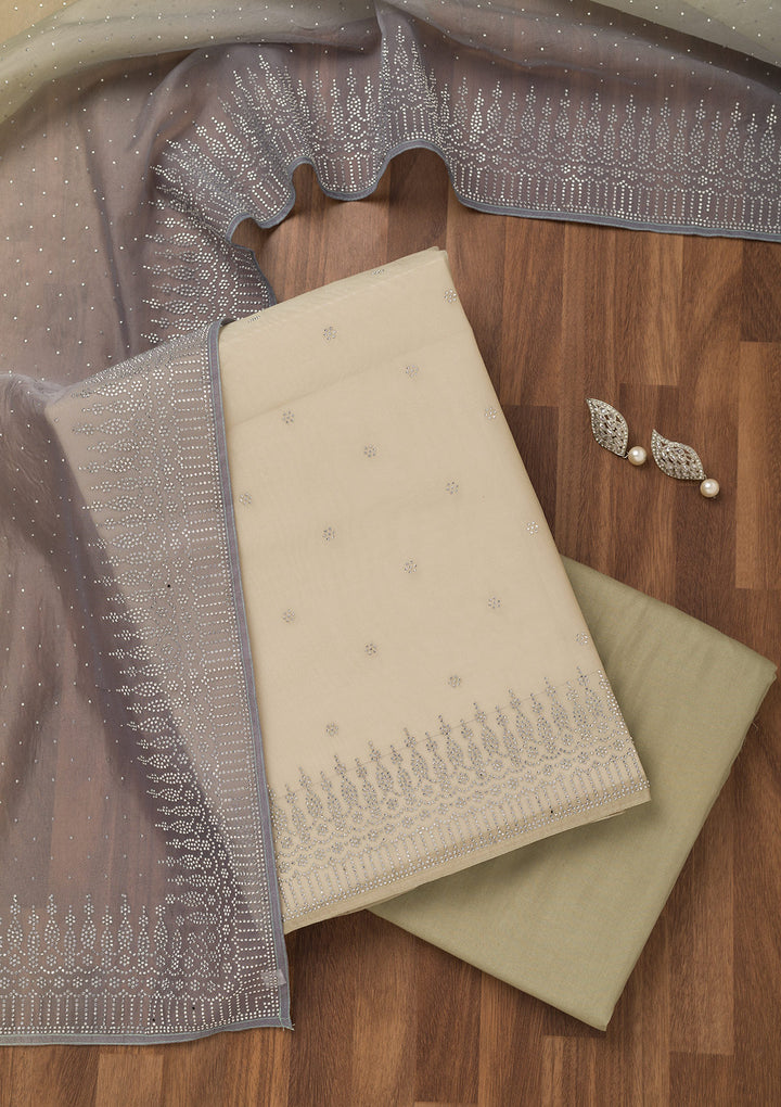 Grey Multi Tissue Swarovski Unstitched Dress Material With Matching Bottom And Dupatta