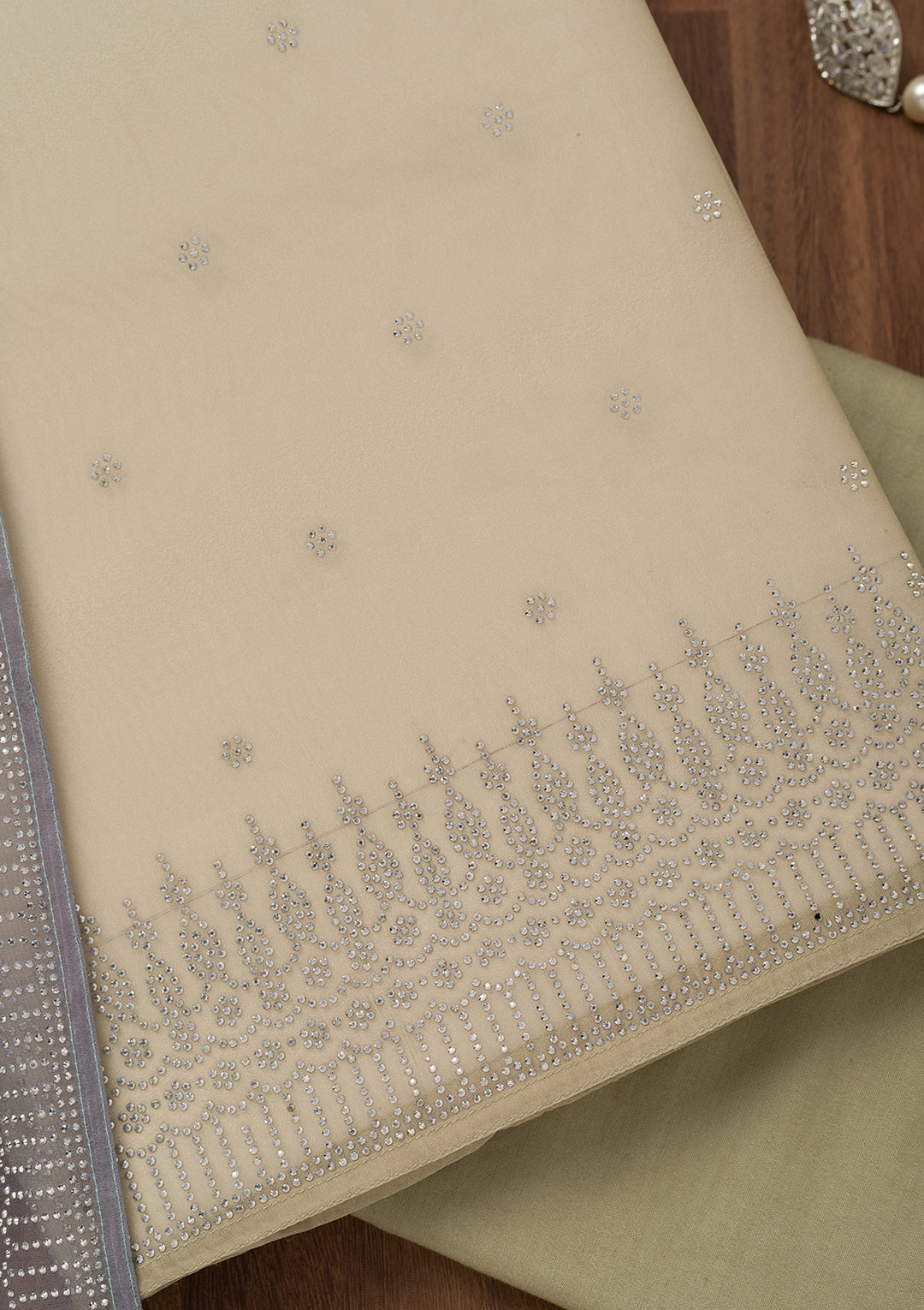 Grey Multi Tissue Swarovski Unstitched Dress Material With Matching Bottom And Dupatta