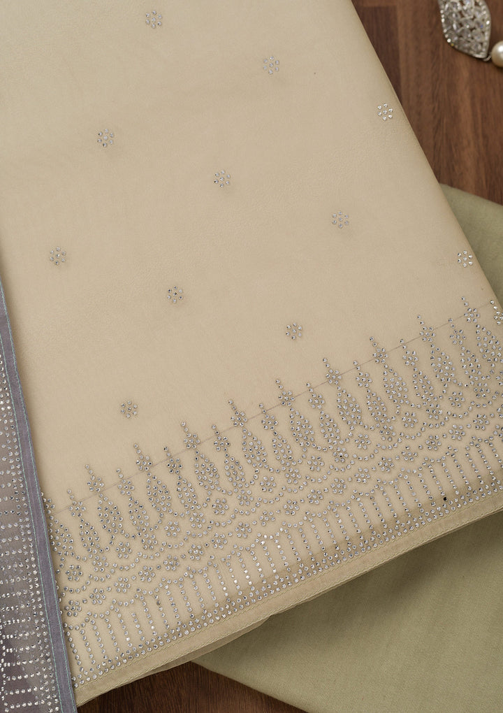 Grey Multi Tissue Swarovski Unstitched Dress Material With Matching Bottom And Dupatta