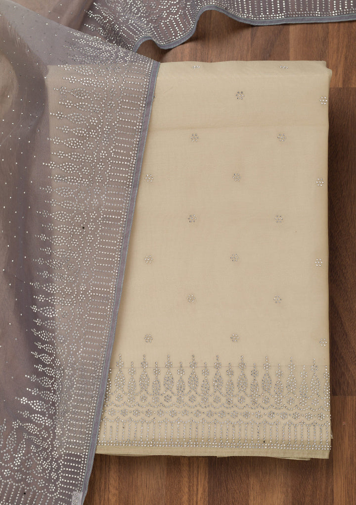 Grey Multi Tissue Swarovski Unstitched Dress Material With Matching Bottom And Dupatta