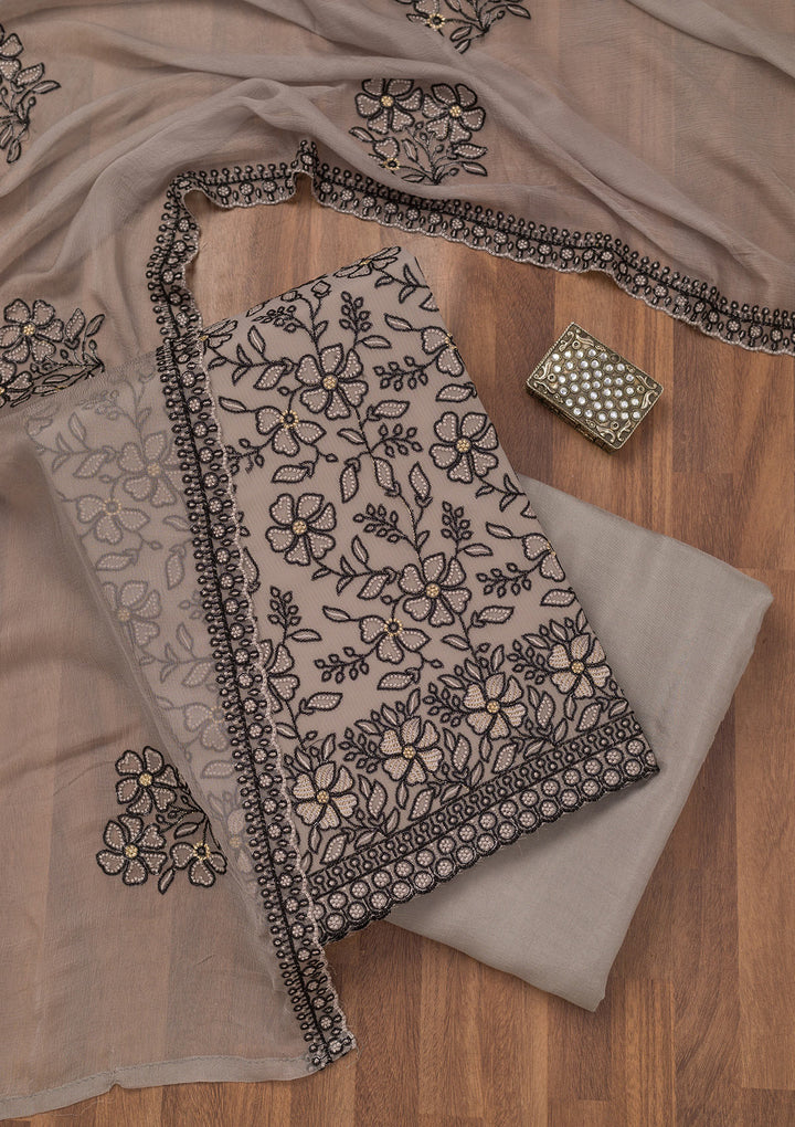 Light Grey Georgette Threadwork Unstitched Dress Material With Matching Bottom And Dupatta