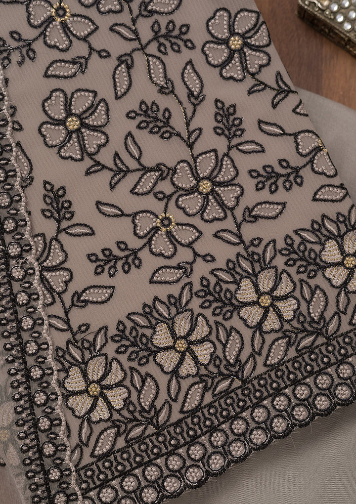 Light Grey Georgette Threadwork Unstitched Dress Material With Matching Bottom And Dupatta