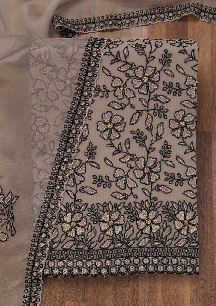 Light Grey Georgette Threadwork Unstitched Dress Material With Matching Bottom And Dupatta