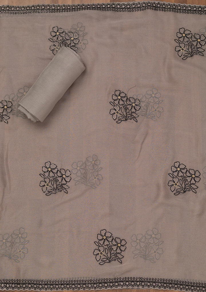 Light Grey Georgette Threadwork Unstitched Dress Material With Matching Bottom And Dupatta
