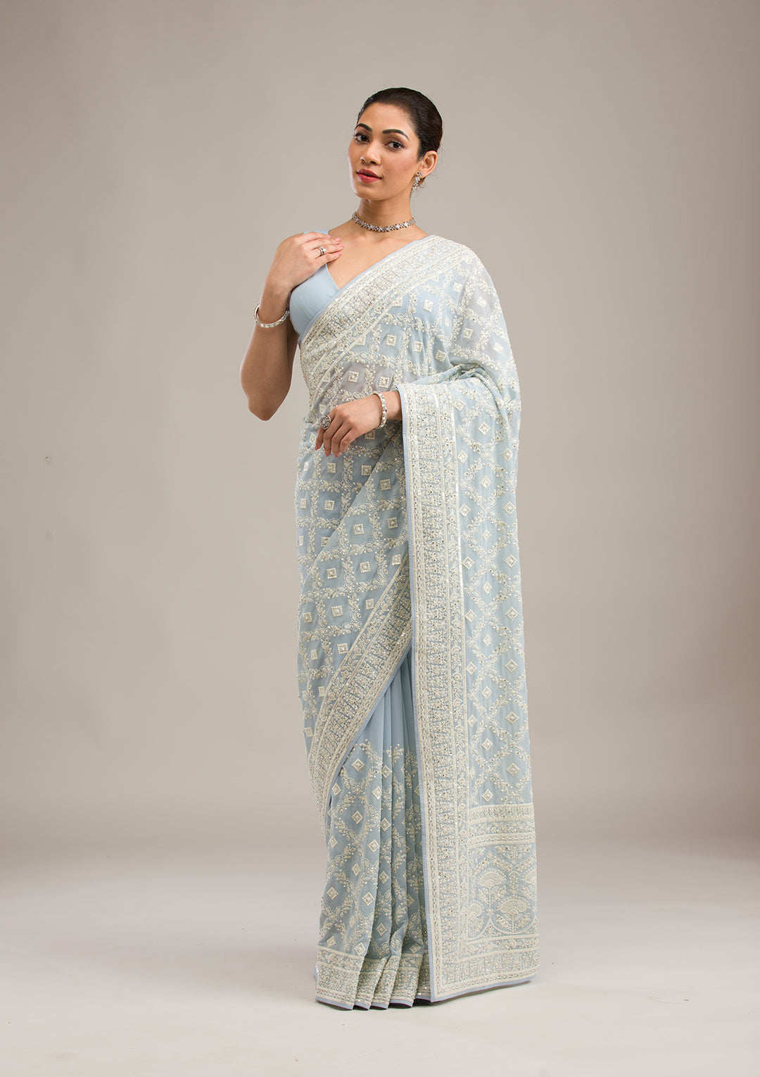 Grey Georgette Chikankari Saree With Matching Blouse Piece