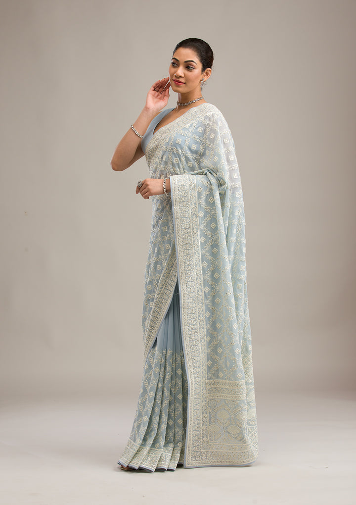 Grey Georgette Chikankari Saree With Matching Blouse Piece