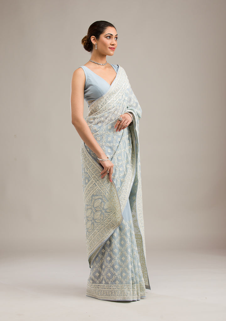 Grey Georgette Chikankari Saree With Matching Blouse Piece
