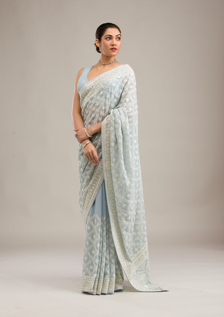 Grey Georgette Chikankari Saree With Matching Blouse Piece
