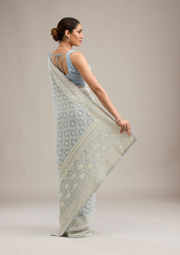Grey Georgette Chikankari Saree With Matching Blouse Piece