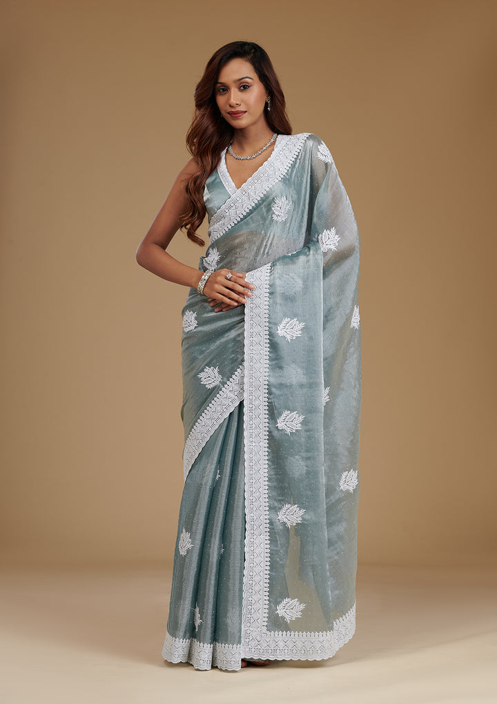 Grey Organza Threadwork Saree With Matching Blouse Piece
