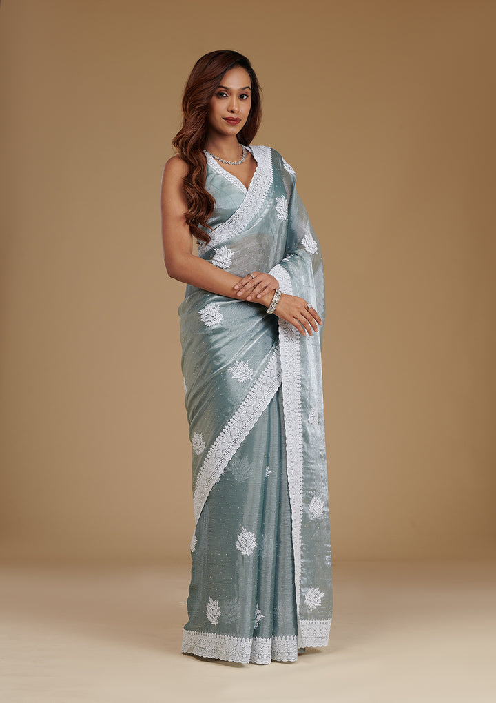 Grey Organza Threadwork Saree With Matching Blouse Piece