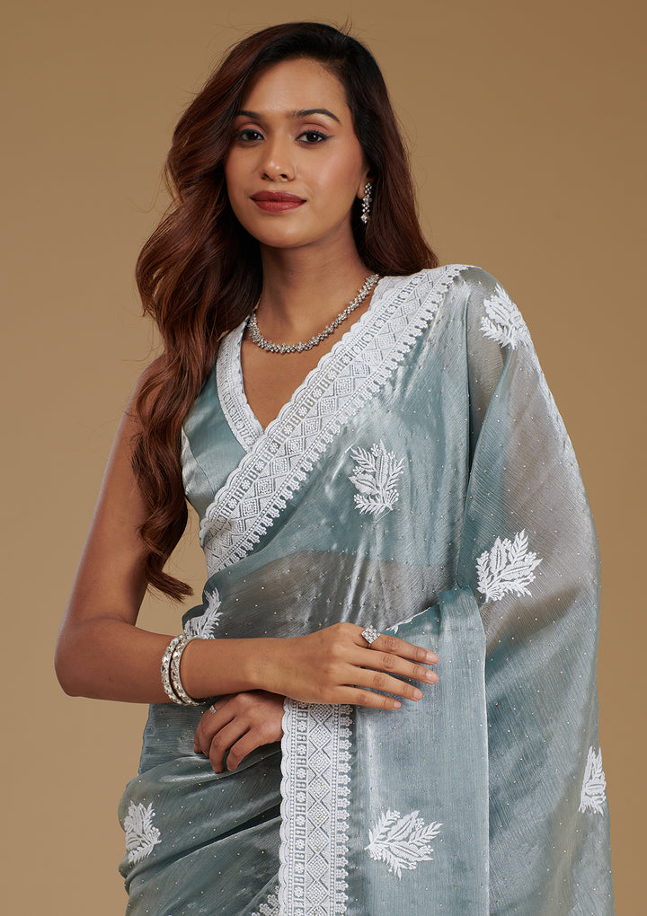 Grey Organza Threadwork Saree With Matching Blouse Piece