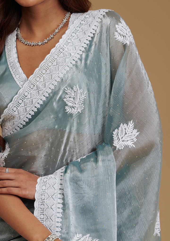 Grey Organza Threadwork Saree With Matching Blouse Piece