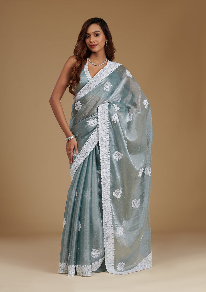 Grey Organza Threadwork Saree With Matching Blouse Piece