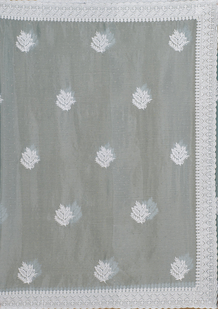 Grey Organza Threadwork Saree With Matching Blouse Piece