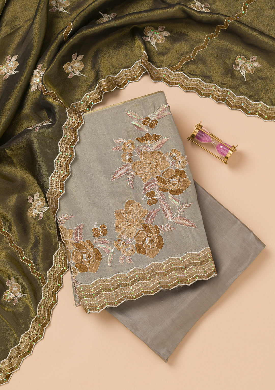Light Grey Tissue Threadwork Unstitched Dress Material With Matching Bottom And Dupatta