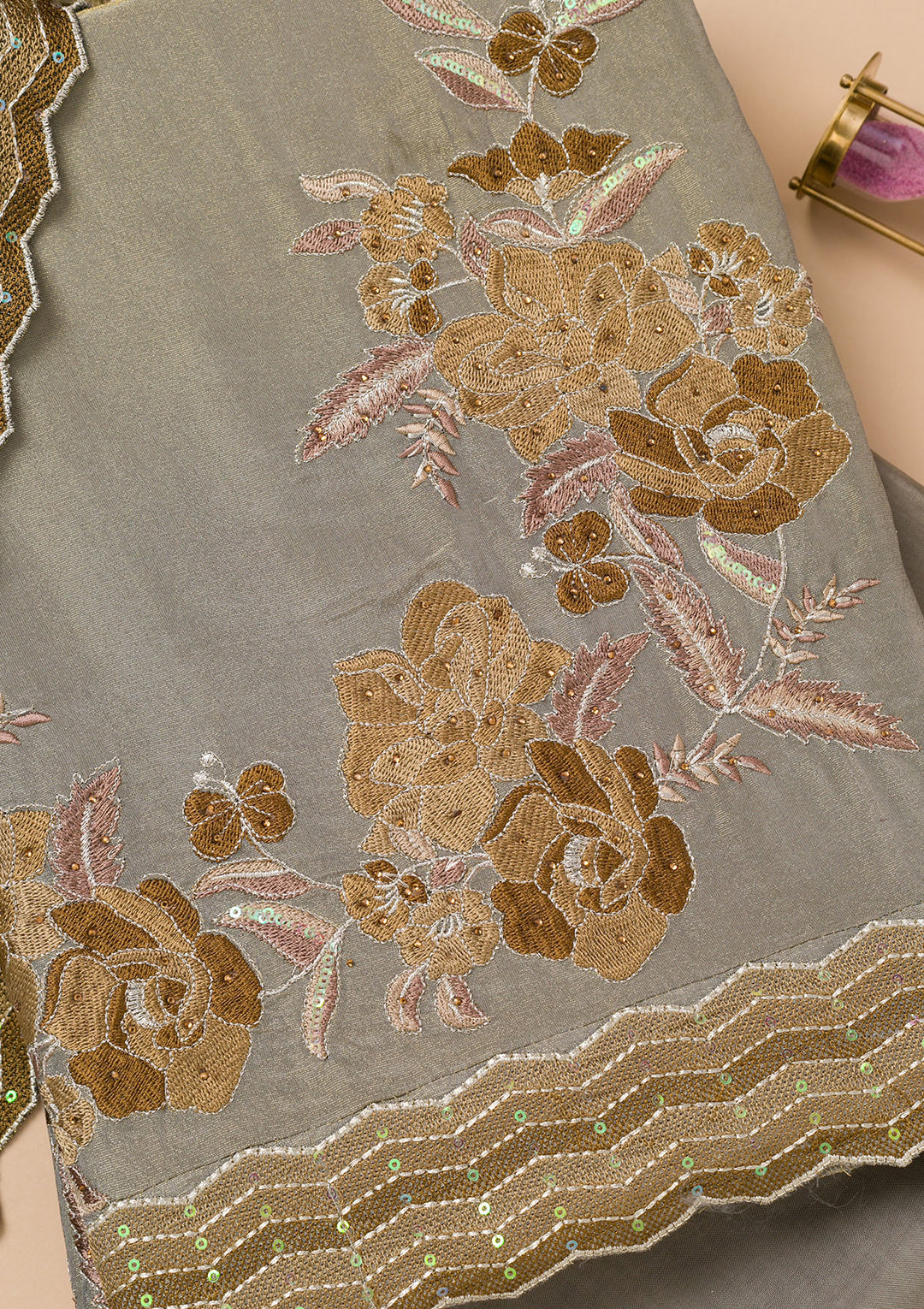 Light Grey Tissue Threadwork Unstitched Dress Material With Matching Bottom And Dupatta