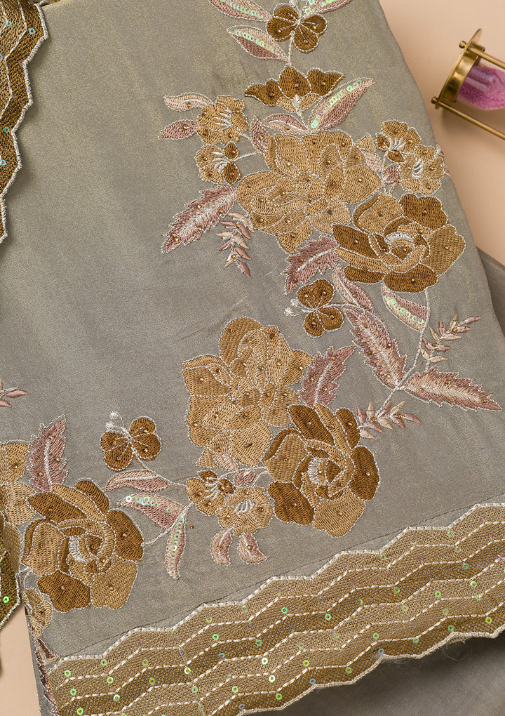 Light Grey Tissue Threadwork Unstitched Dress Material With Matching Bottom And Dupatta