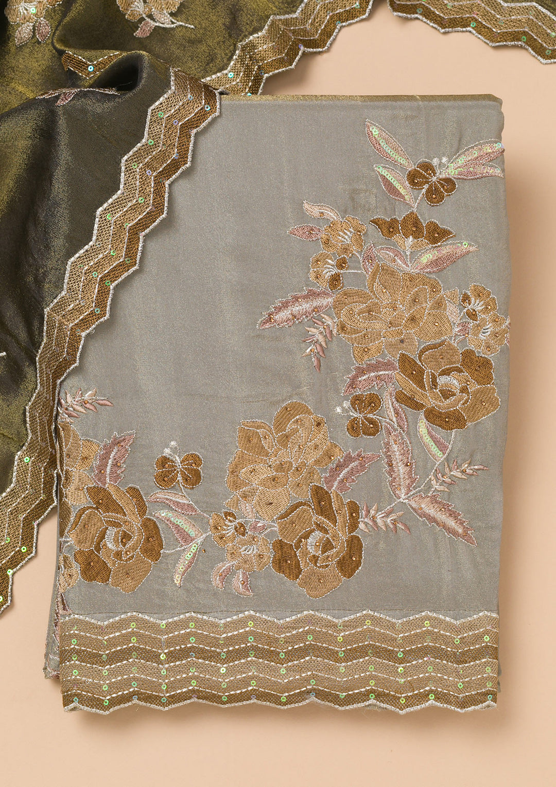 Light Grey Tissue Threadwork Unstitched Dress Material With Matching Bottom And Dupatta