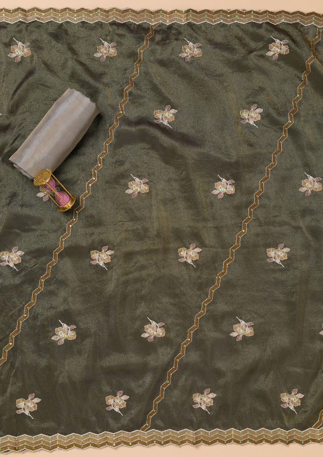 Light Grey Tissue Threadwork Unstitched Dress Material With Matching Bottom And Dupatta