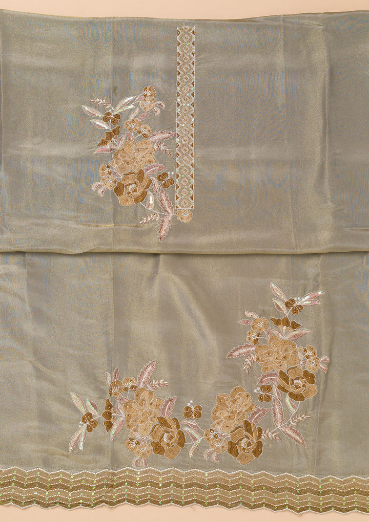 Light Grey Tissue Threadwork Unstitched Dress Material With Matching Bottom And Dupatta