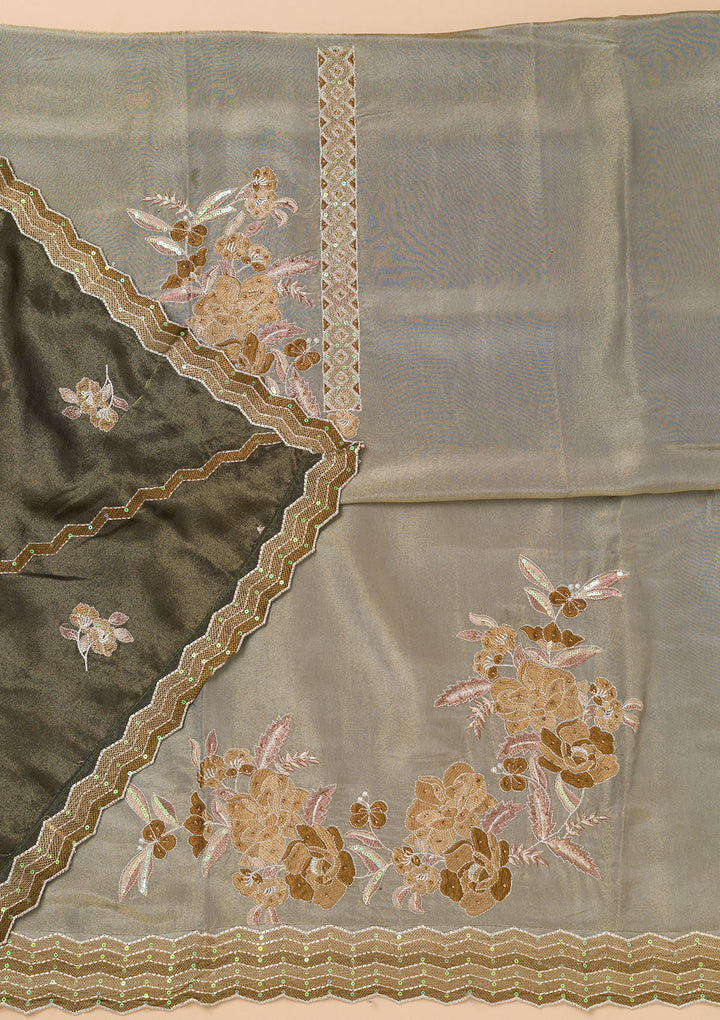 Light Grey Tissue Threadwork Unstitched Dress Material With Matching Bottom And Dupatta