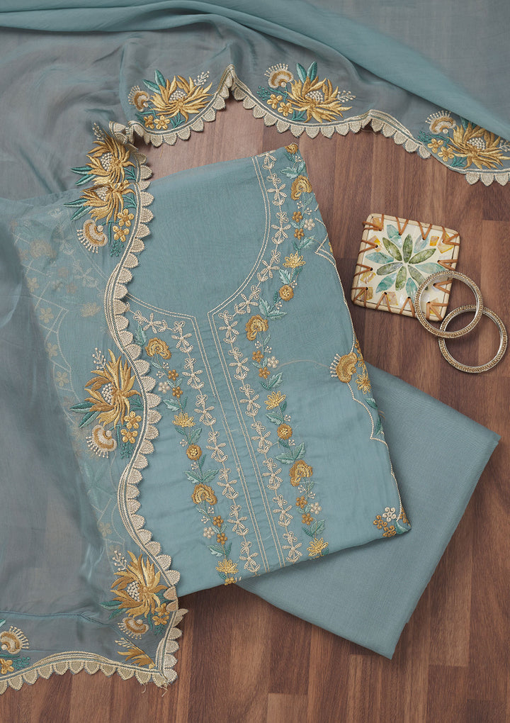 Koskii Tissue Teal Salwar Suit – Unstitched Elegance