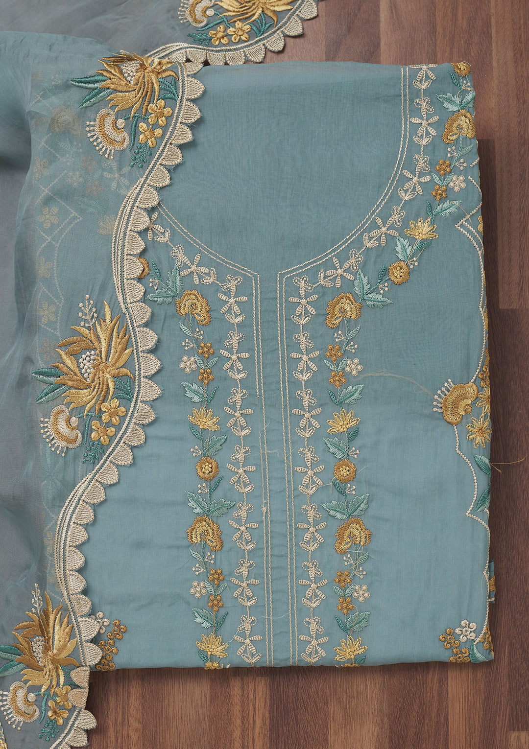 Koskii Tissue Teal Salwar Suit – Unstitched Elegance