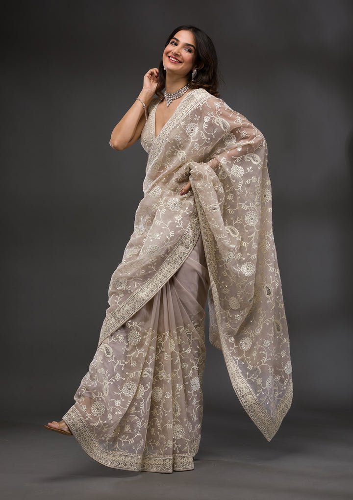 Beige Tissue Threadwork Saree With Matching Blouse Piece