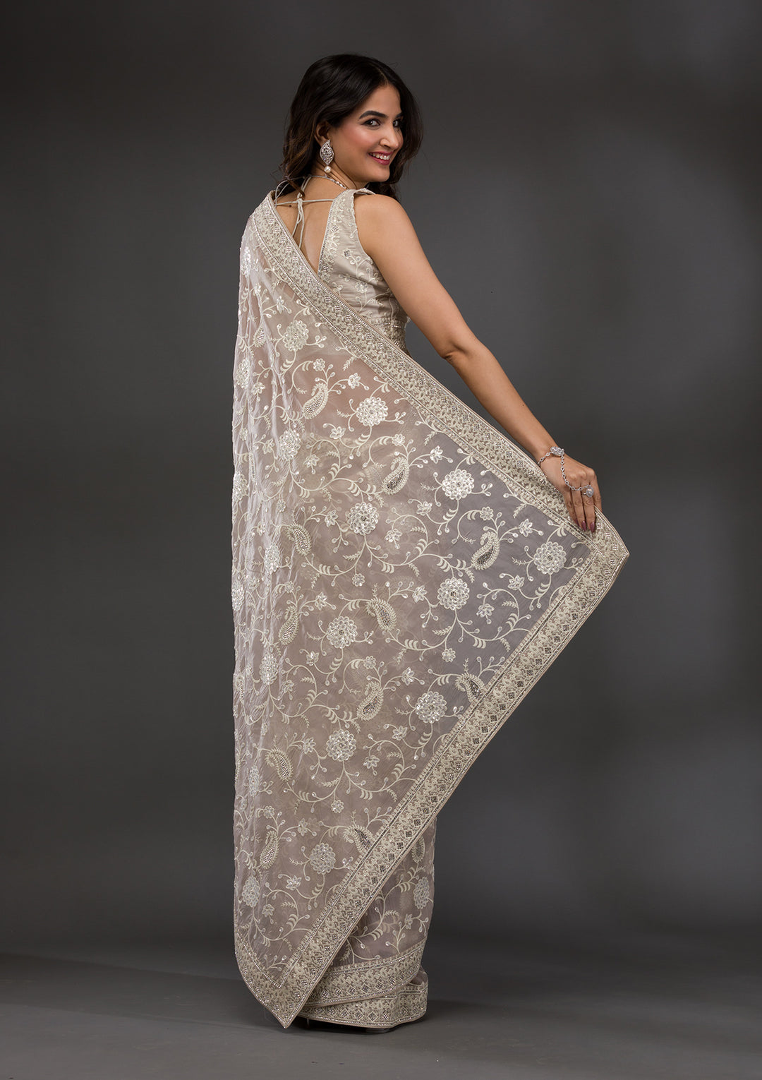 Beige Tissue Threadwork Saree With Matching Blouse Piece
