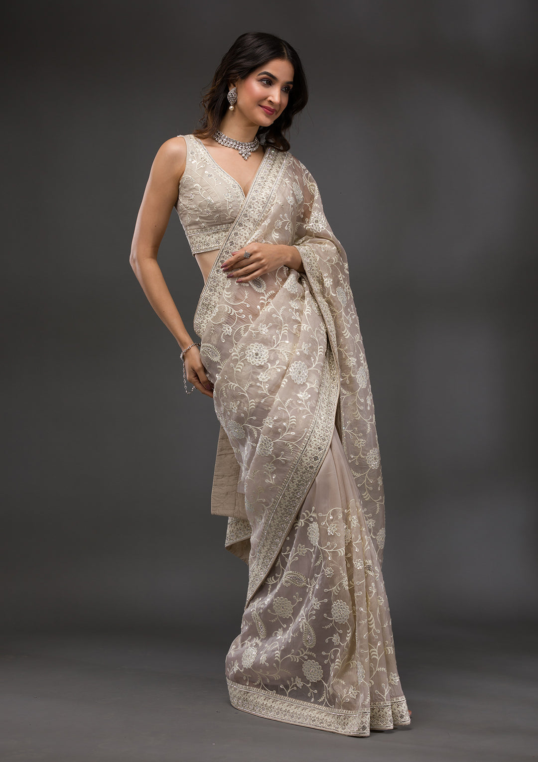 Beige Tissue Threadwork Saree With Matching Blouse Piece