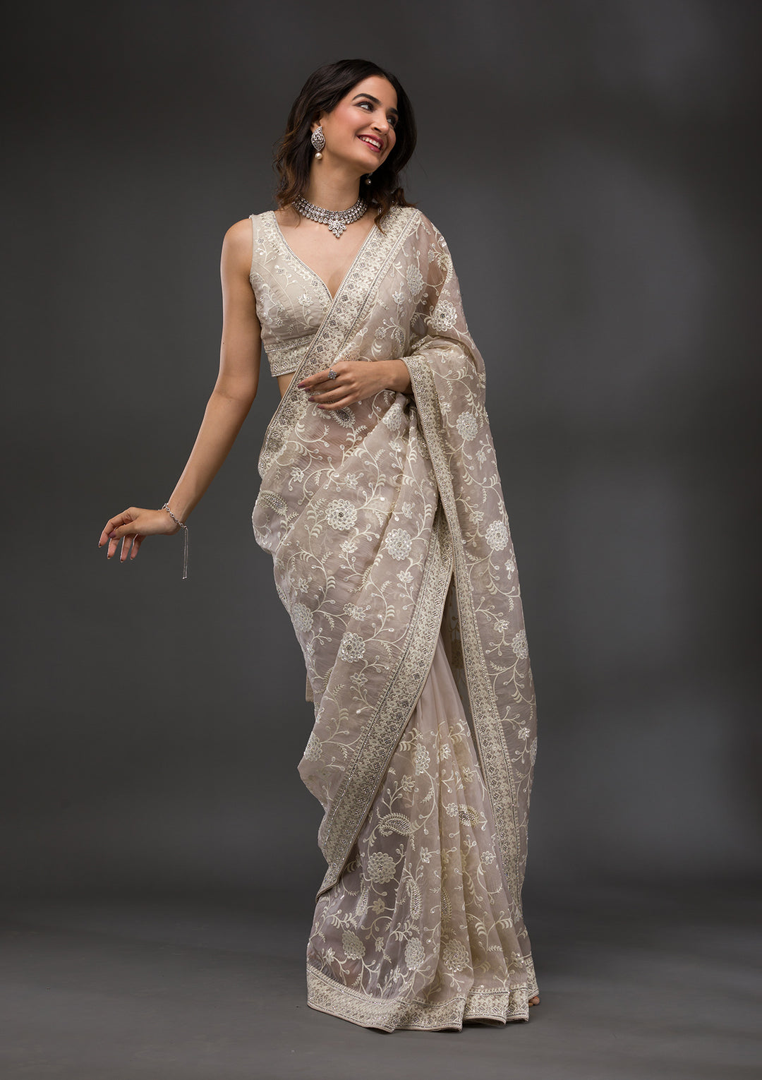 Beige Tissue Threadwork Saree With Matching Blouse Piece