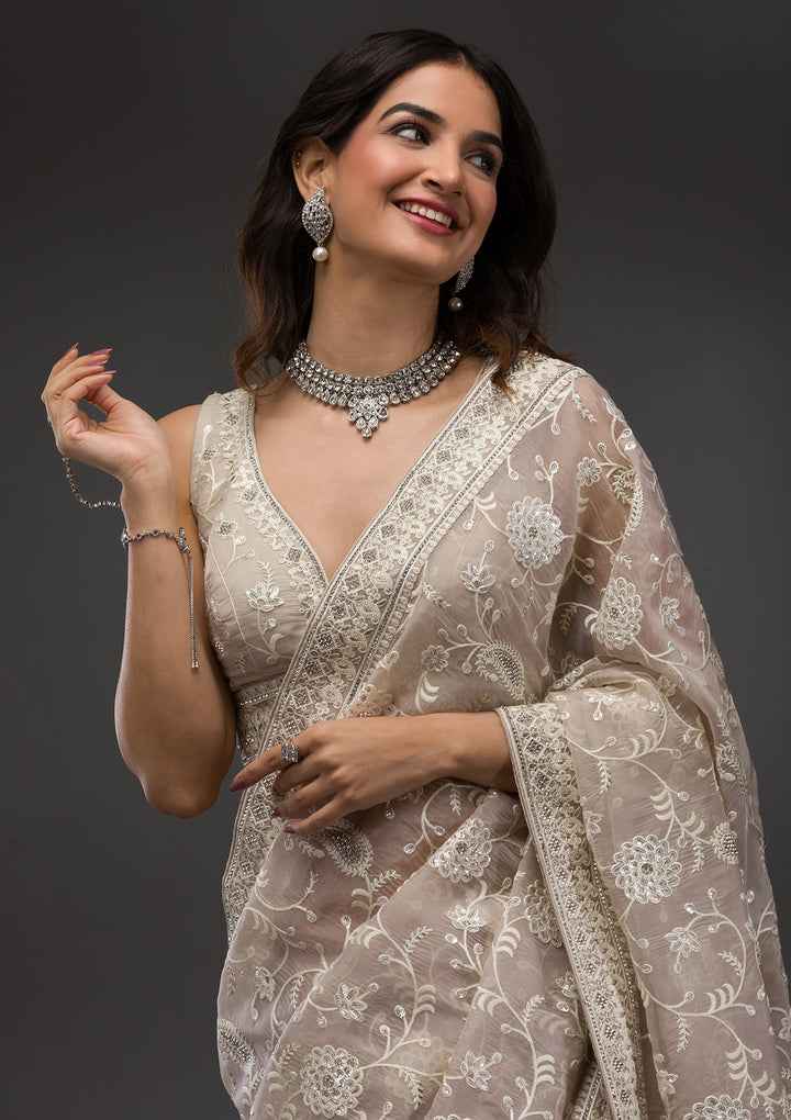 Beige Tissue Threadwork Saree With Matching Blouse Piece