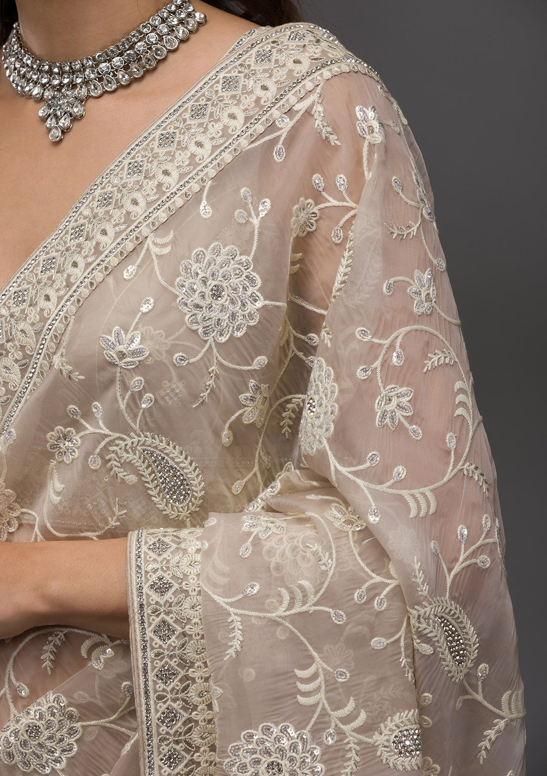 Beige Tissue Threadwork Saree With Matching Blouse Piece