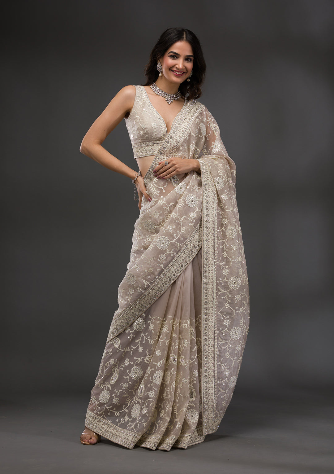 Beige Tissue Threadwork Saree With Matching Blouse Piece