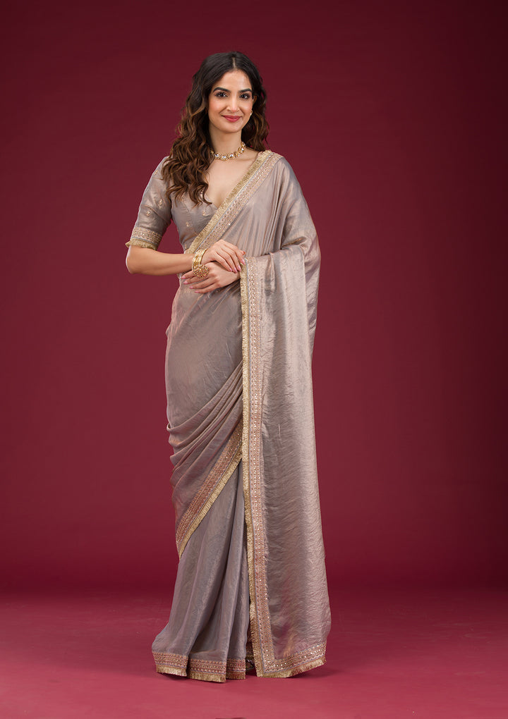 Grey Tissue Cording Saree With Matching Blouse Piece