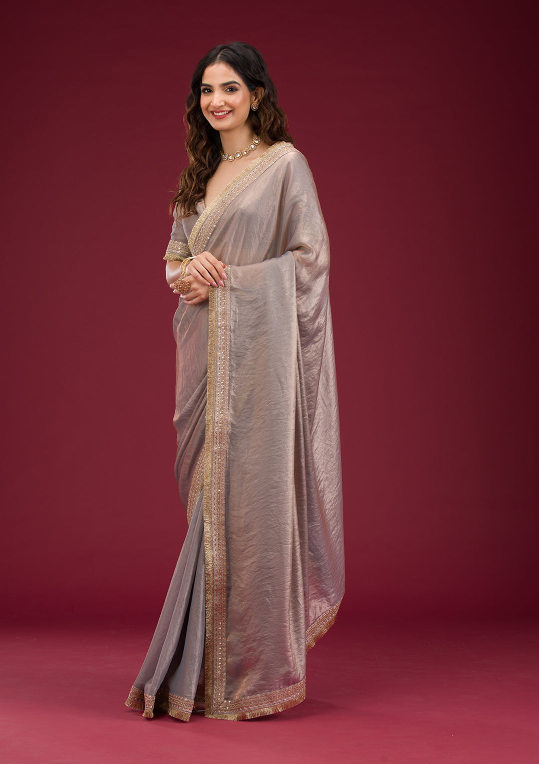 Grey Tissue Cording Saree With Matching Blouse Piece