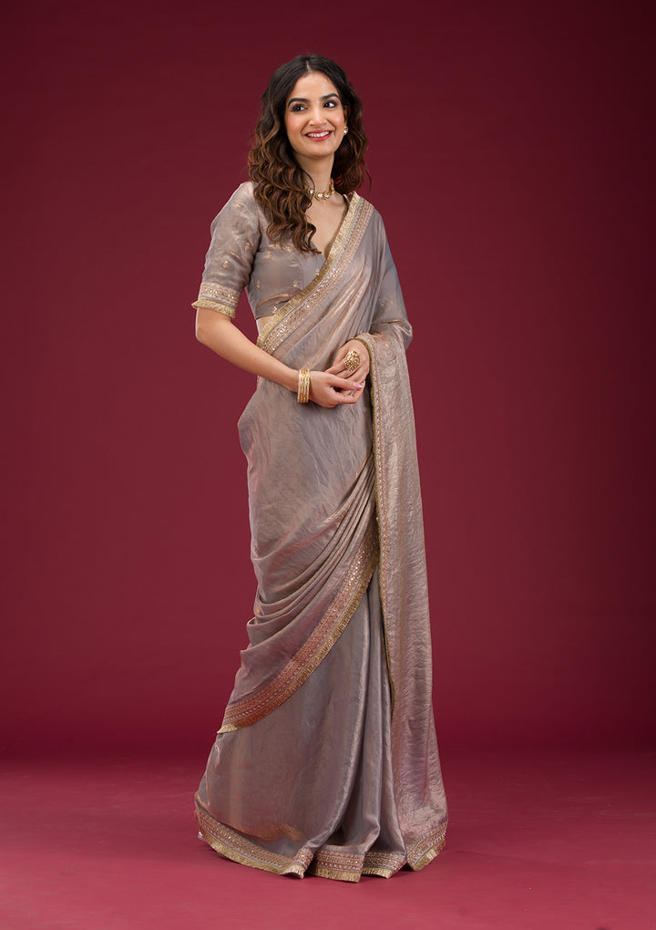 Grey Tissue Cording Saree With Matching Blouse Piece