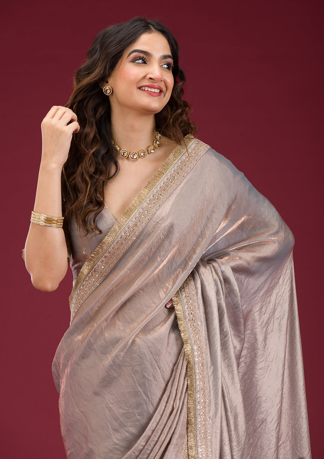 Grey Tissue Cording Saree With Matching Blouse Piece