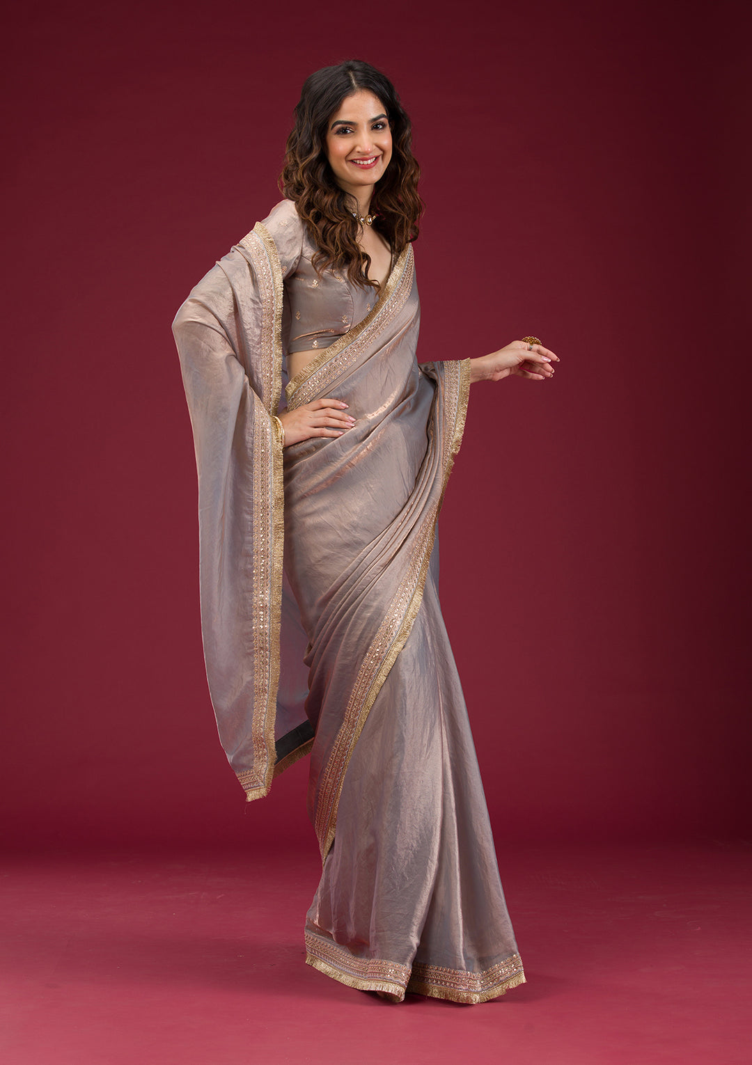 Grey Tissue Cording Saree With Matching Blouse Piece