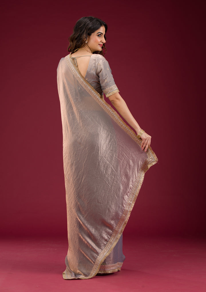 Grey Tissue Cording Saree With Matching Blouse Piece